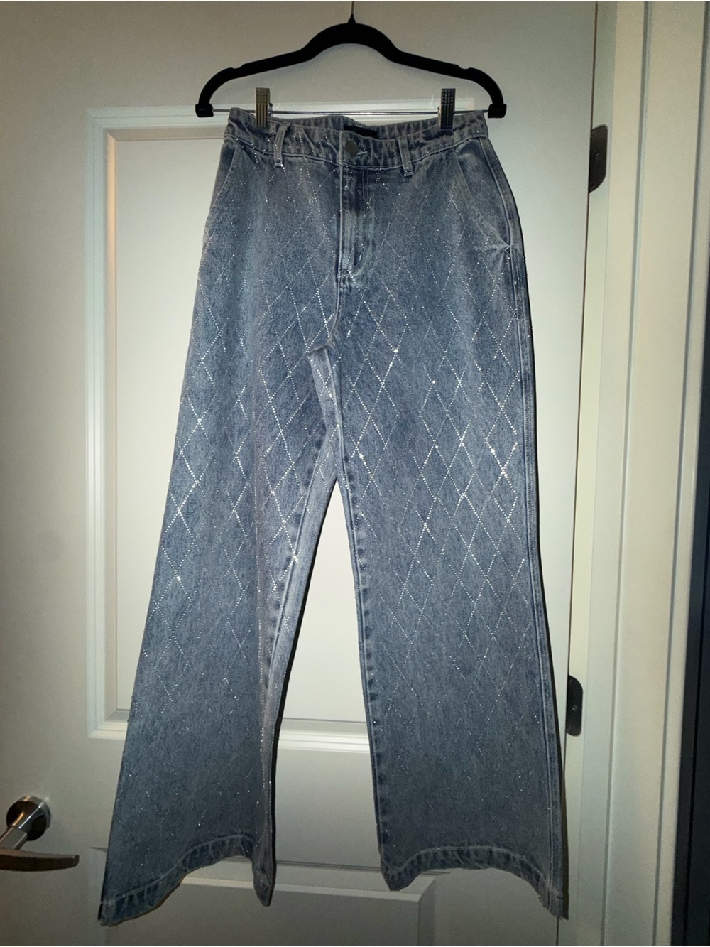 House of Harlow 1960 Blue Diamond-Sparkle Wide Leg Jeans